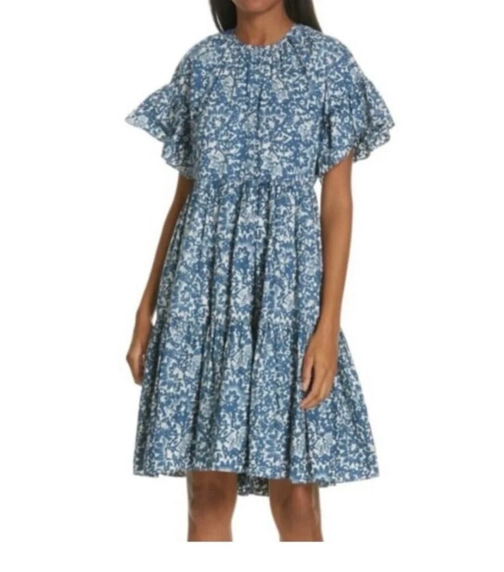 Ulla Johnson Rosemarie Dress Blue Batik Tiered Cotton Midi Dress